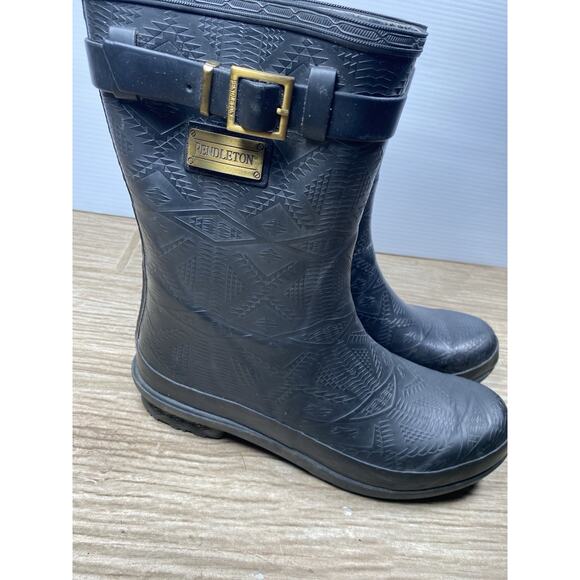 Pendleton Men’s Rain Boots Size 10 US – Black Rubber Embossed Tribal Pattern - Picture 2 of 15